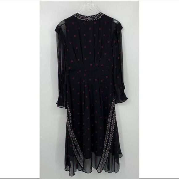 Joie Jamya silk chiffon shift dress caviar black flowy long sleeve sheer trim 8 - Picture 5 of 6